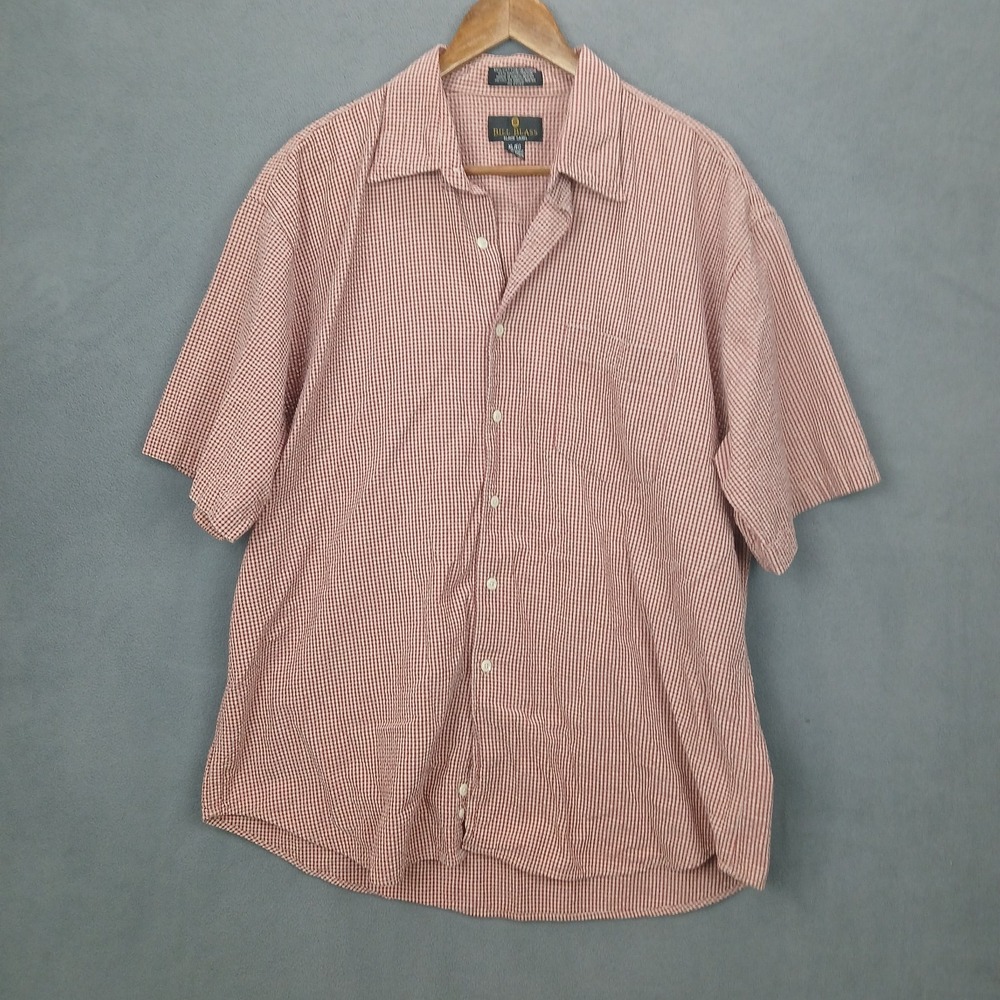 Bill Blass Shirt Mens XL Red White Cotton Gingham Check Curved Hem Button Up